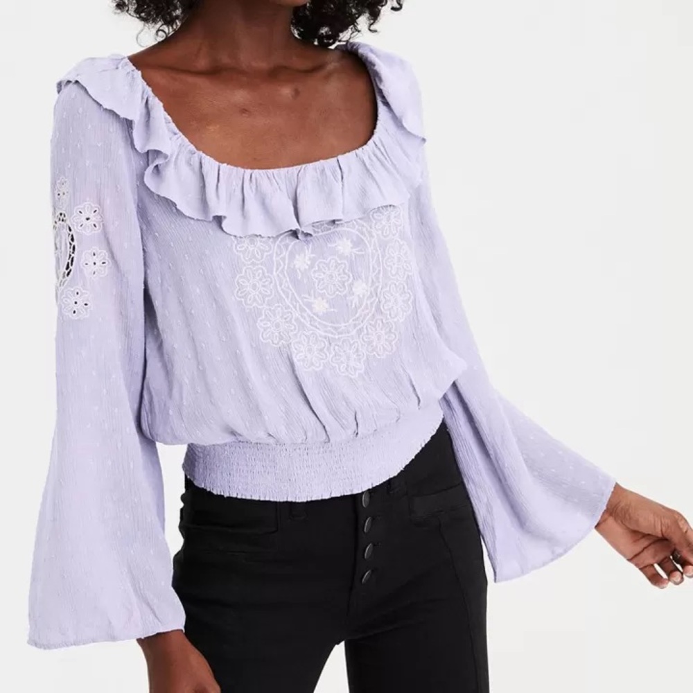 American Eagle Lilac White Ruffle Blouse Bohemian Size Medium